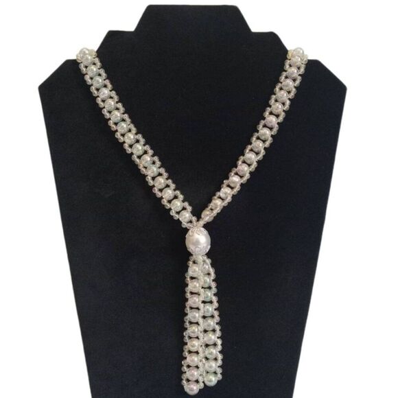 Iridescent Clear Acrylic Beaded Lightweight Tassel Pendant Statement Necklace - Picture 1 of 9